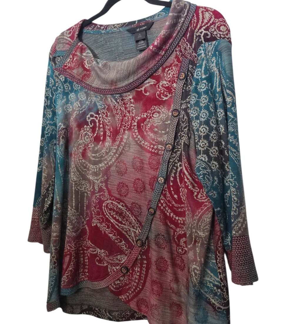 Ali Miles Womens Burgundy Green Boho Top Sz PL
